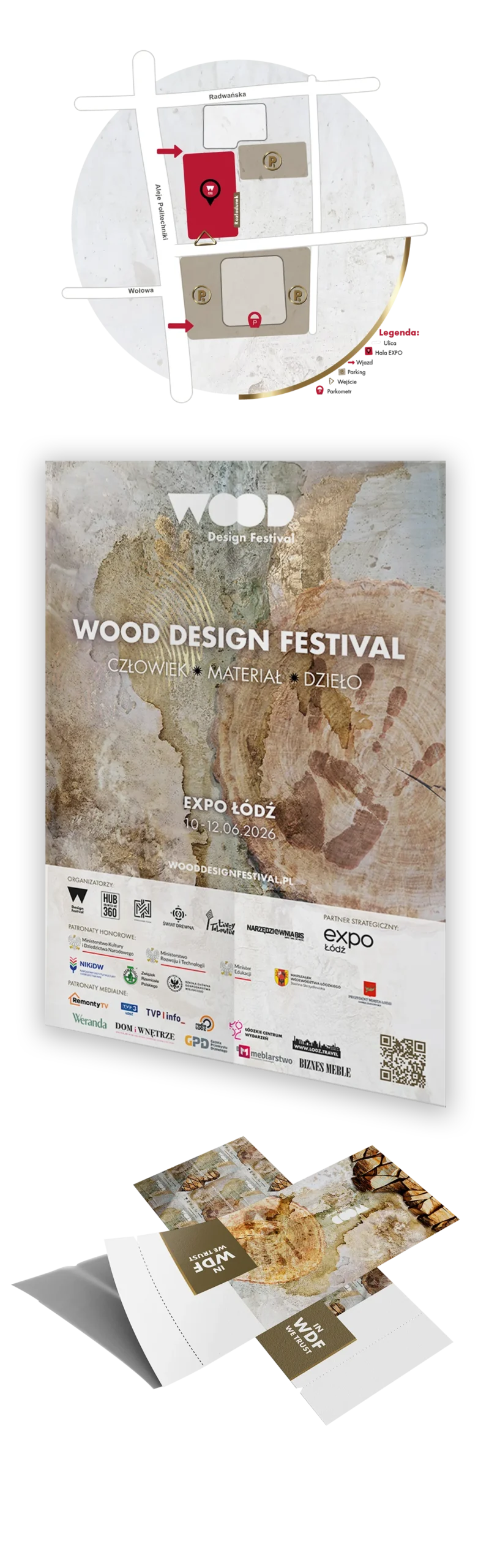 Materiały Wood Design Festival: identyfikatory, dyplomy, reklamy i ścianki